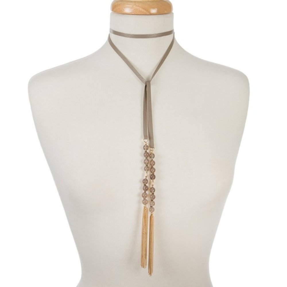 Gray leather wrap necklace with gray beading